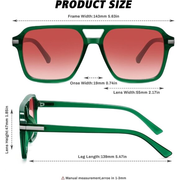 🆕Women Green Retro Trendy Classic Square Vintage Shade Double Bridge Sunglasses - Picture 4 of 7